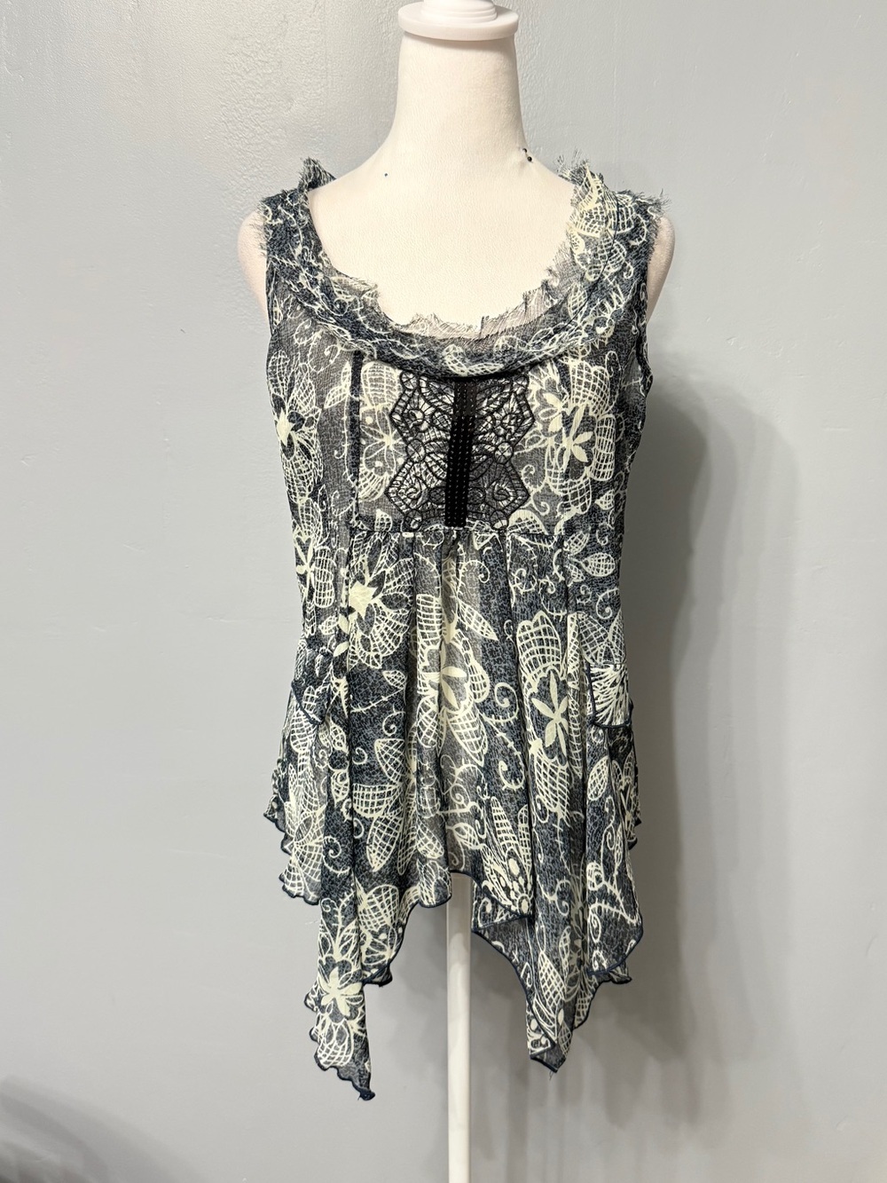 #17) Charlotte Russe Black & Cream Floral Sheer Handkerchief Tank